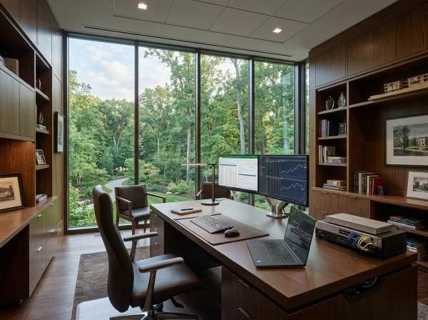 Executive Bloomfield Hills office with dual monitor workstation and high-speed network hardware