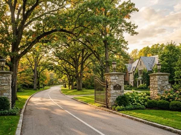 Picturesque tree-lined estate road in Bloomfield Hills Michigan with stone entry pillars in warm afternoon light