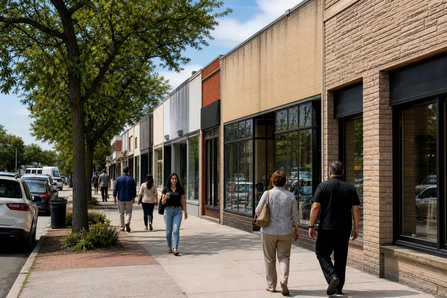Pedestrians walking past small storefronts on a tree-lined Dearborn Heights commercial corridor