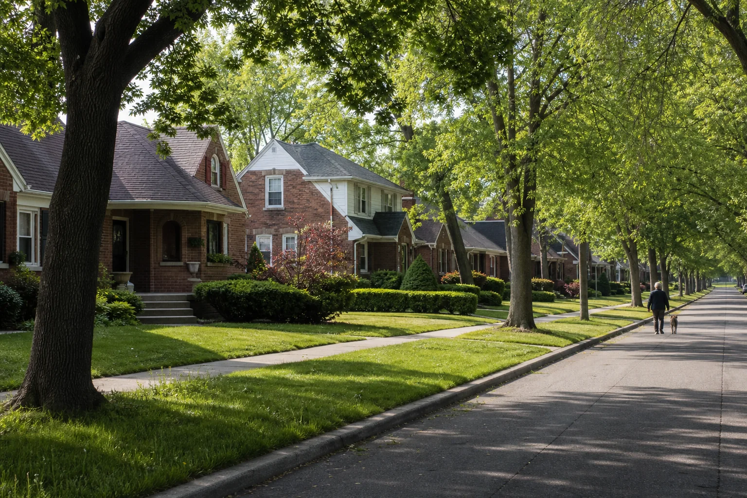 Quiet Dearborn residential street lined with mature trees, sidewalks and brick houses