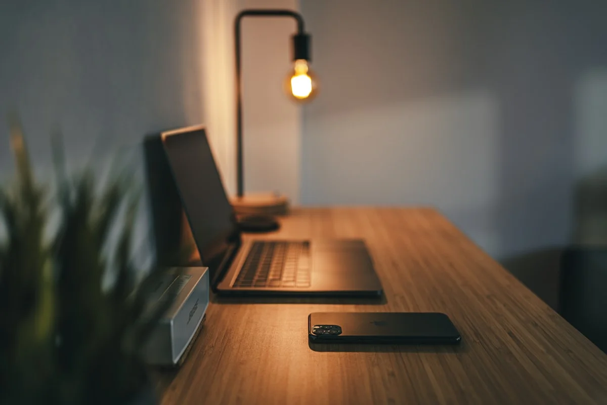 Frontier Business Fiber connected office workstation with high-speed laptop and monitor setup