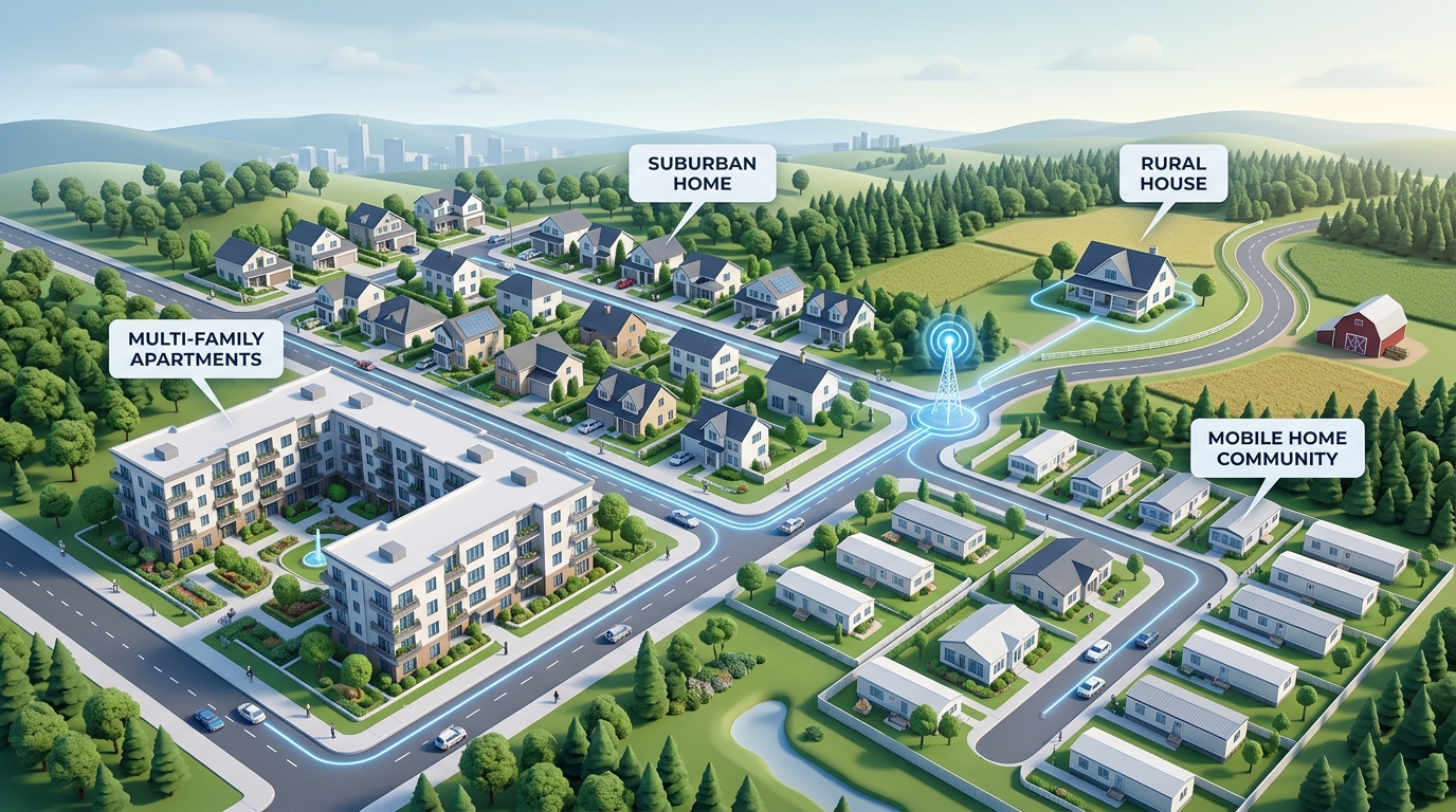 Aerial illustration showing single-family homes, apartments, rural houses, and mobile home communities connected to broadband networks